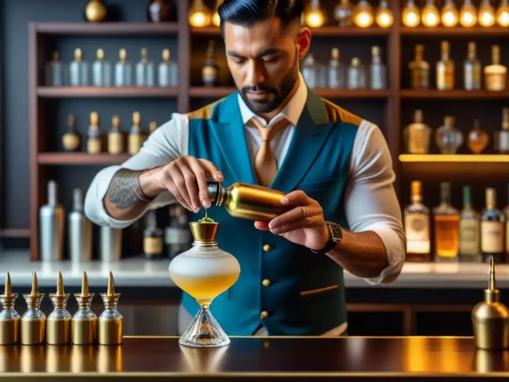 El secreto del pisco sour: Un bartender vierte con maestría pisco en una coctelera, rodeado de botellas y utensilios de bar en un elegante bar