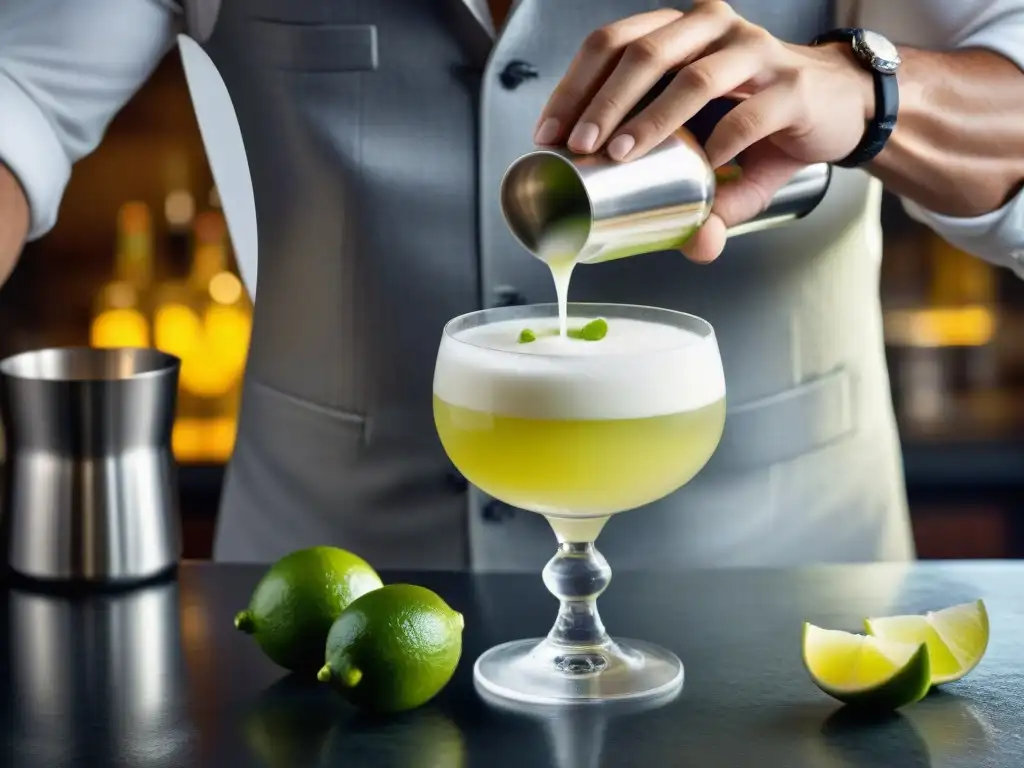 El secreto del pisco sour: Detallada imagen de un barman preparando meticulosamente un clásico cóctel, destacando su destreza y precisión