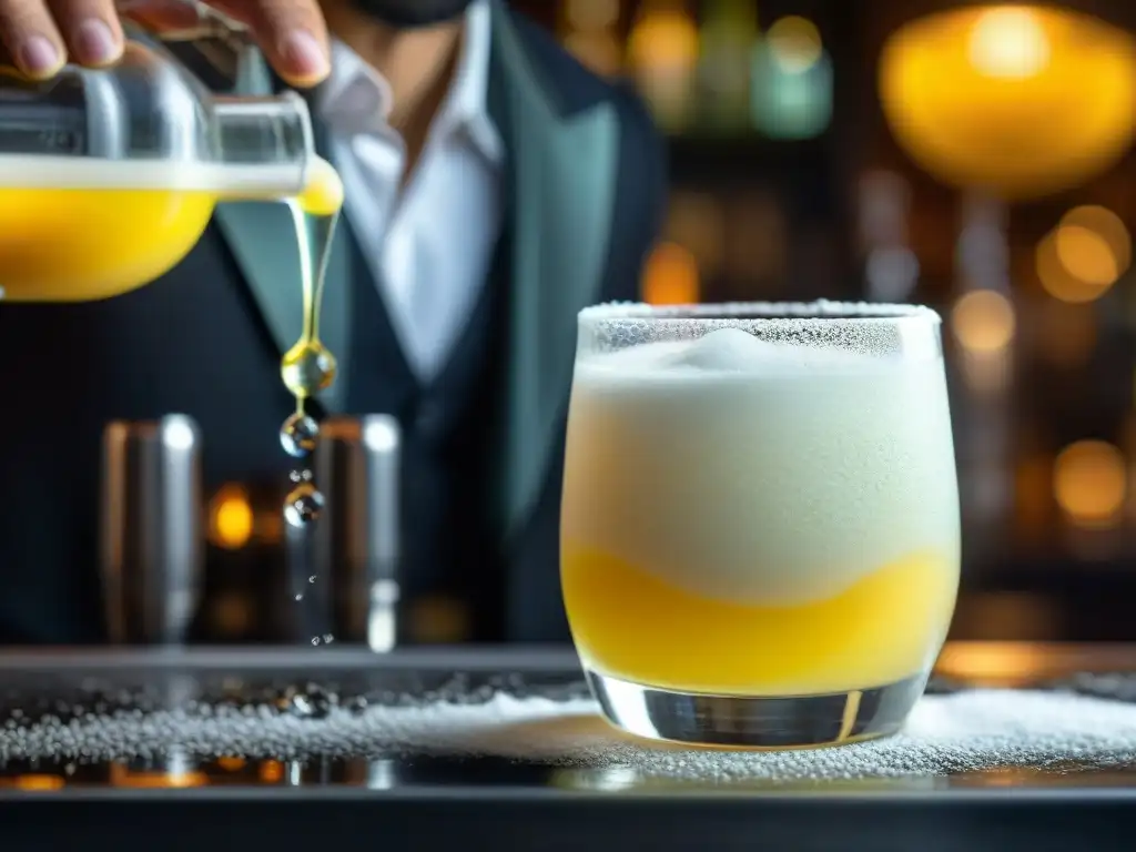 El secreto del pisco sour: Detalle experto de un bartender sirviendo un vibrante cóctel amarillo en un vaso frío, en un elegante bar iluminado