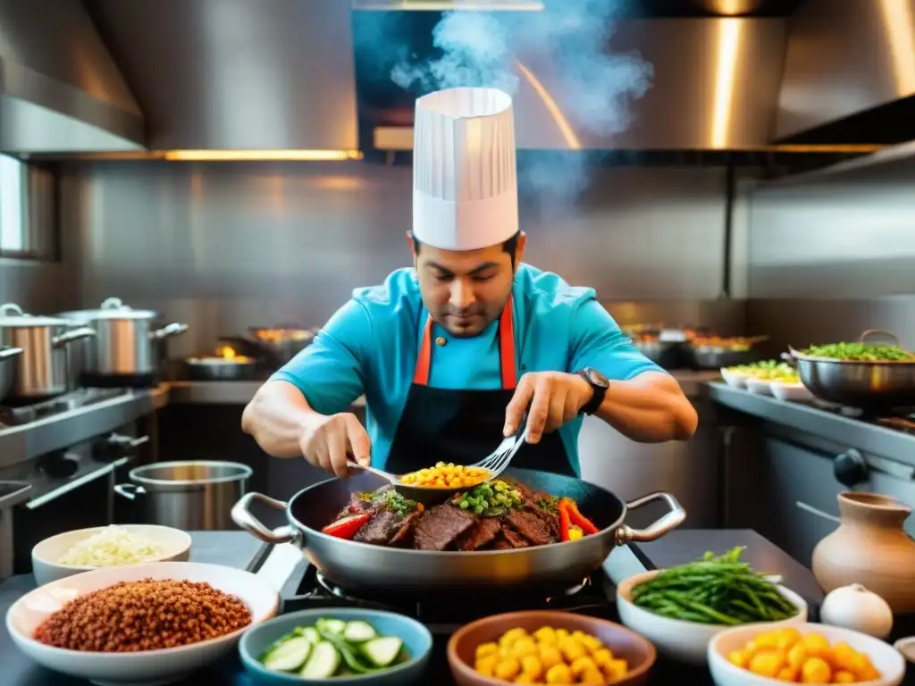 El secreto del lomo saltado: Gastón Acurio cocinando con precisión en una cocina vibrante y bulliciosa