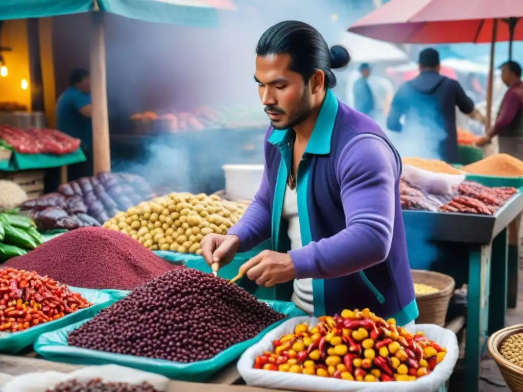 Secretos del anticucho peruano: Mercado tradicional peruano lleno de ingredientes vibrantes y vendedores locales