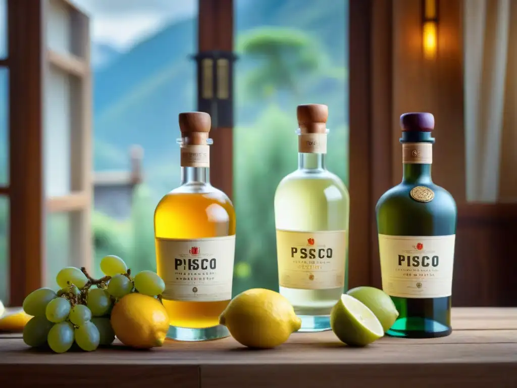 Una selección exquisita de botellas de pisco en una mesa rústica con uvas y limones frescos