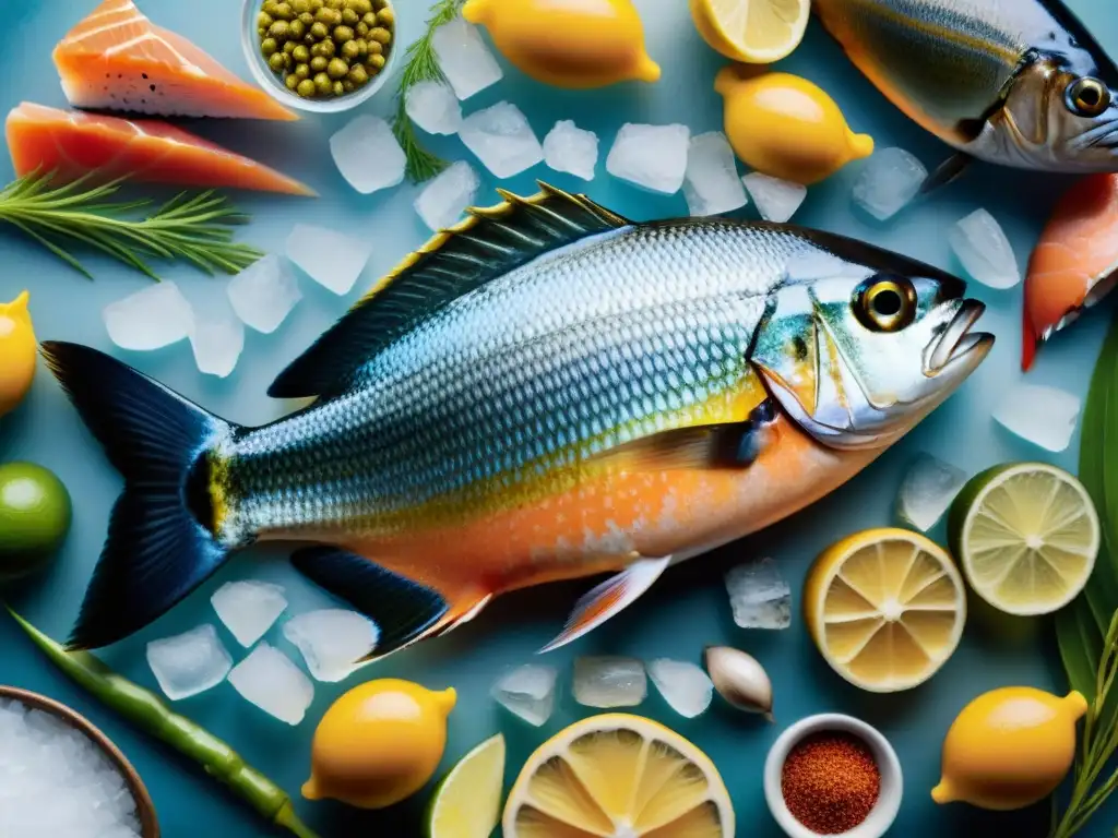 Una selección vibrante de pescados y mariscos peruanos omega 3, frescos y coloridos sobre hielo triturado