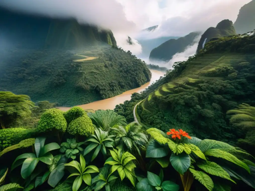 Una selva exuberante en Perú con vegetación vibrante y un río serpenteante