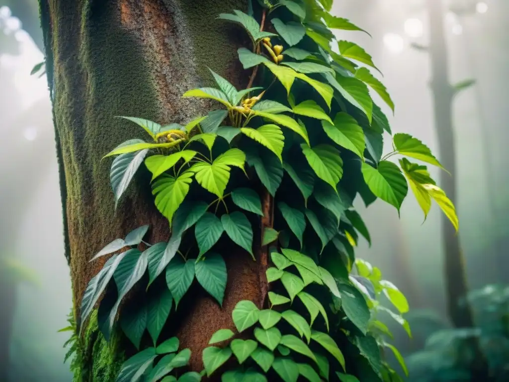 Selva peruana exuberante con la majestuosa uña de gato trepando un árbol alto, detallando sus espinas y hojas verdes