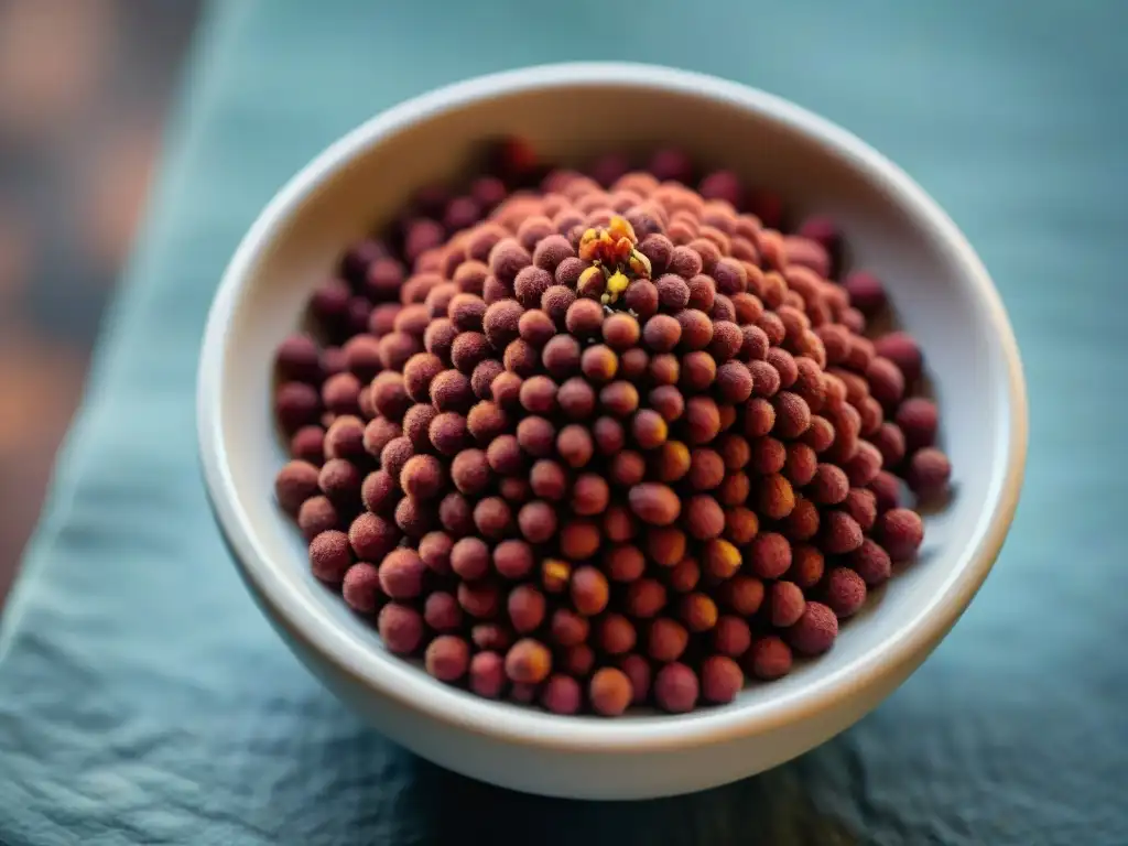 Semillas de achiote en cuenco peruano, destacando su color rojo intenso y textura única