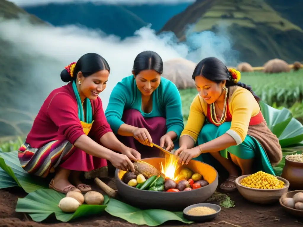 Significado y preparación de Pachamanca: Mujeres peruanas visten trajes tradicionales, cocinando en horno de tierra, rodeadas de montañas andinas