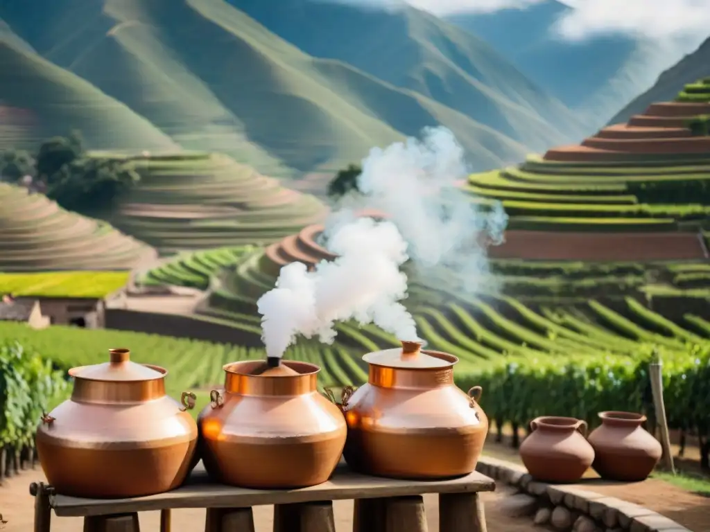 El sol brilla sobre las alambiques de cobre en una destilería de pisco en Perú, rodeadas de viñedos verdes mientras los trabajadores cuidan las uvas