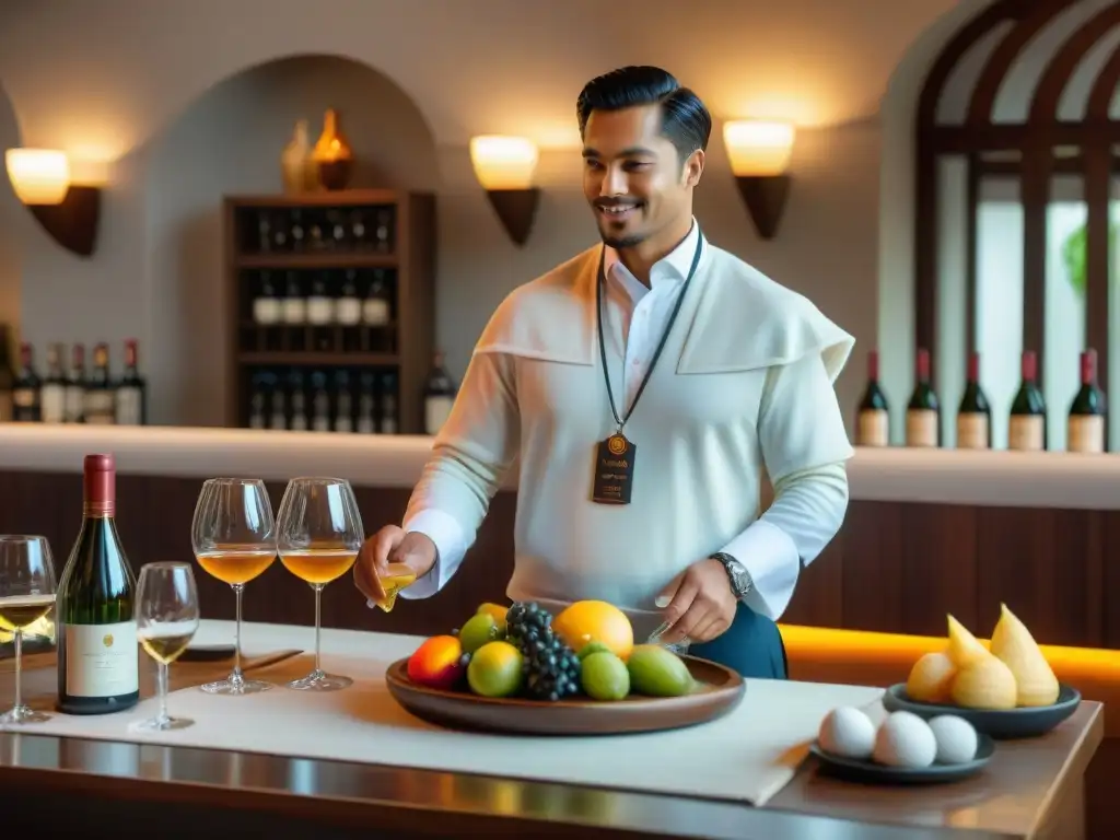 Un sommelier en un elegante restaurante peruano, explicando el maridaje de piscos y vinos locales a comensales atentos