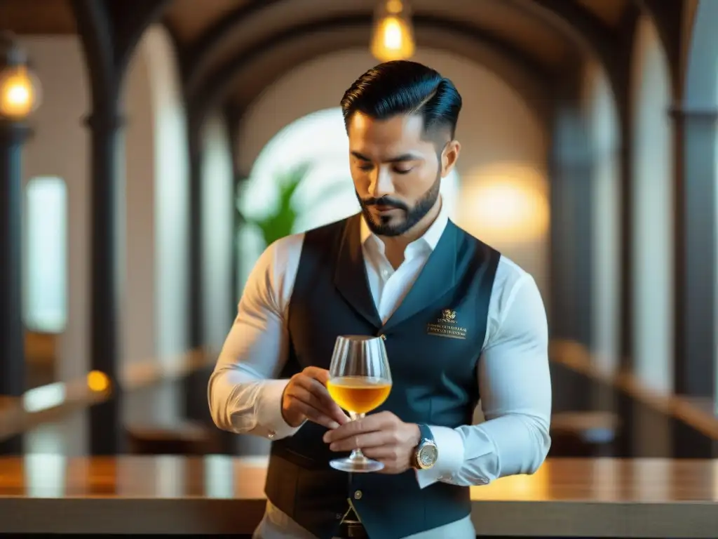 Un sommelier experto examina meticulosamente un Pisco peruano, destacando los matices en la degustación