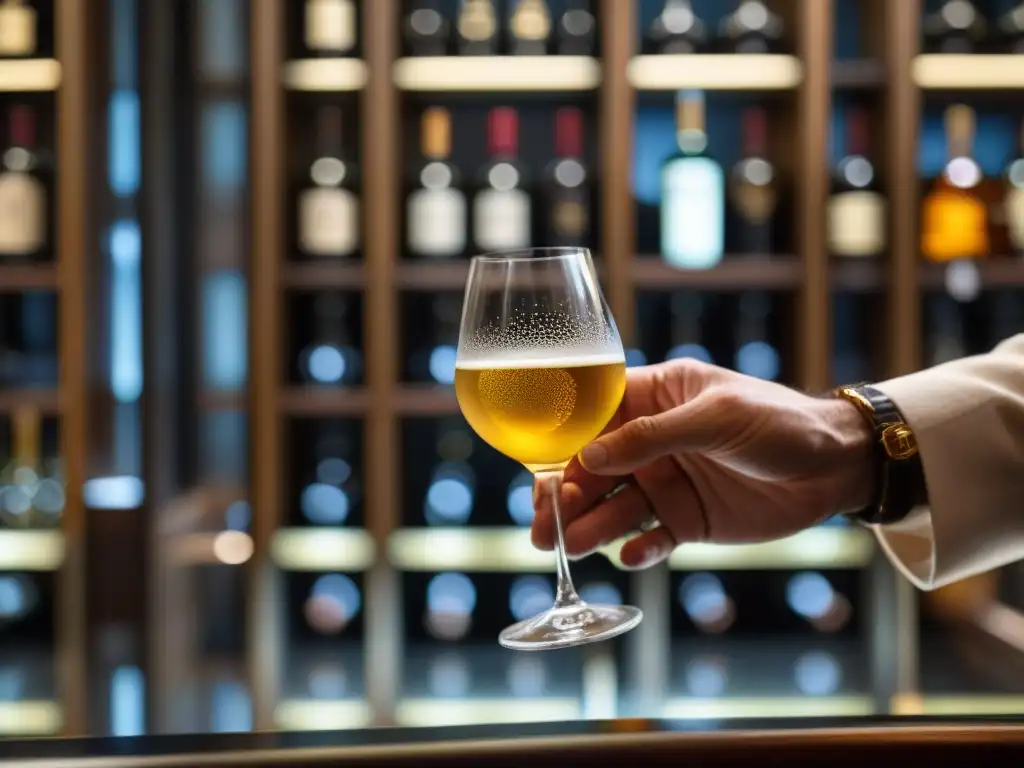 Un sommelier experto en degustación de piscos y vinos, observa las matices en un vaso de Pisco ámbar