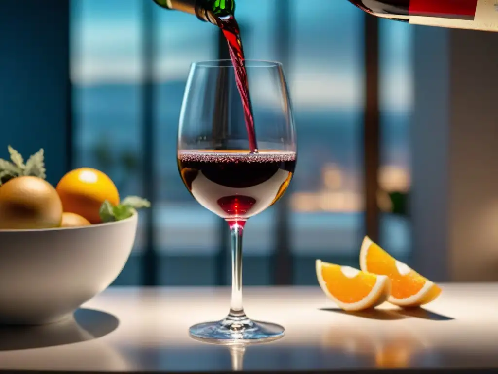 Un sommelier experto sirviendo vino tinto en copa de cristal en elegante mesa de cena