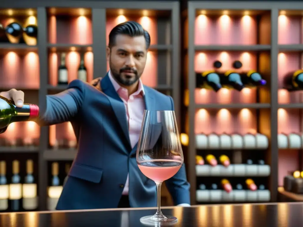 Un sommelier experto sirviendo vino espumoso rosado en un restaurante elegante de Lima