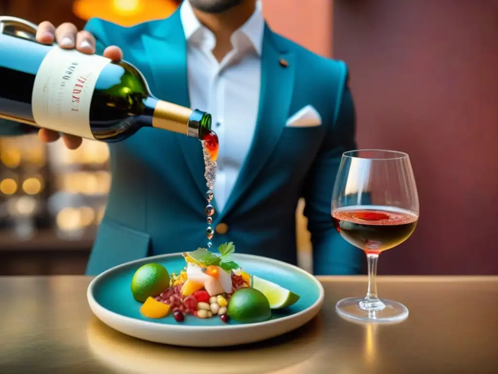 Un sommelier vierte un exquisito Malbec peruano en una copa, junto a un ceviche