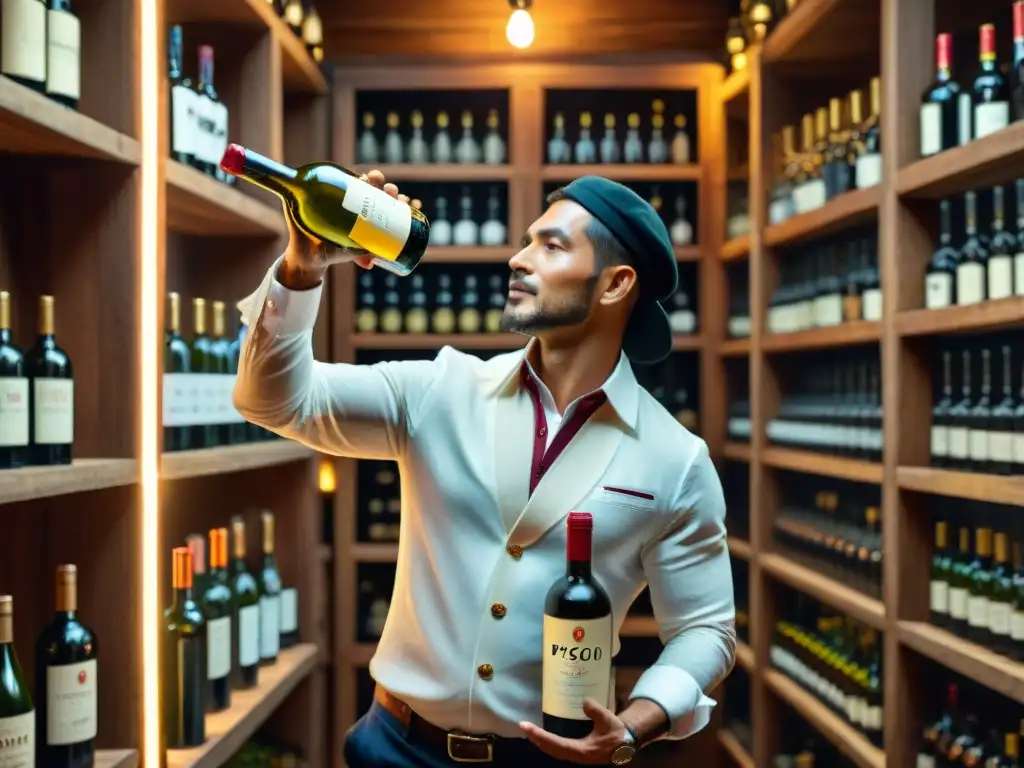 Un sommelier peruano experto sirve Pisco premium en una bodega elegante