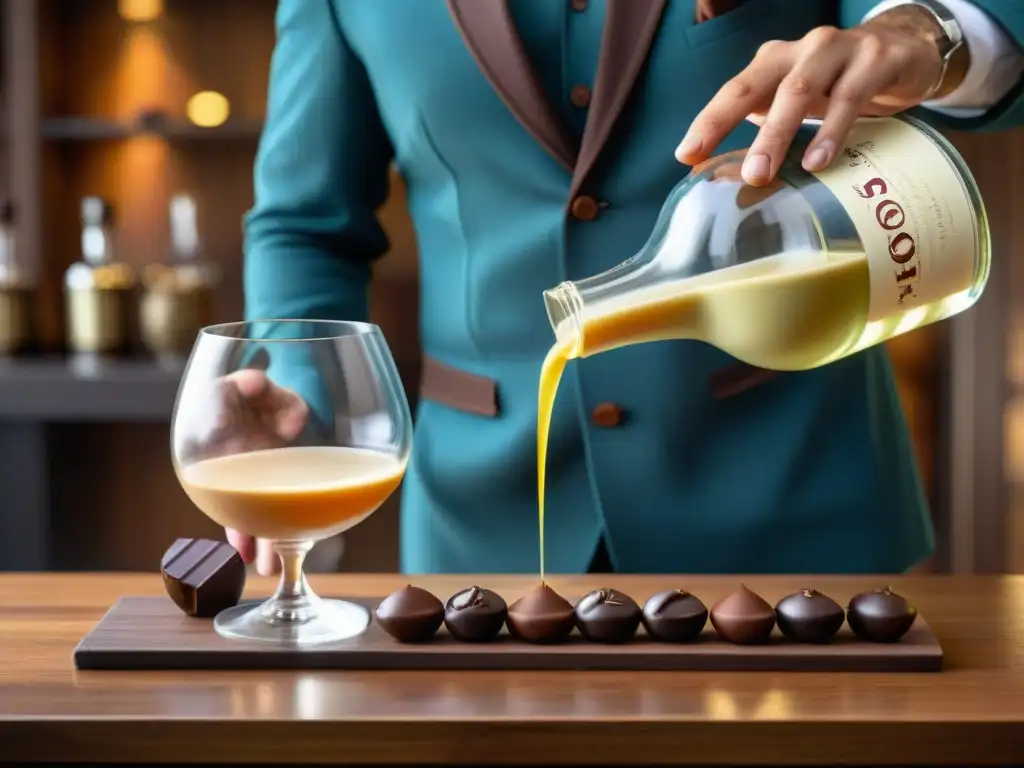 Un sommelier peruano vierte pisco en copa, junto a chocolates artesanales