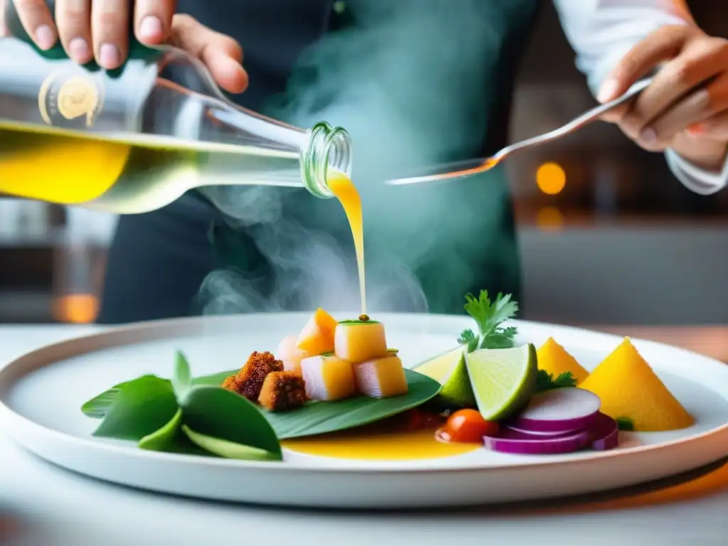 Un sommelier peruano vierte Pisco junto a platos tradicionales en un elegante restaurante