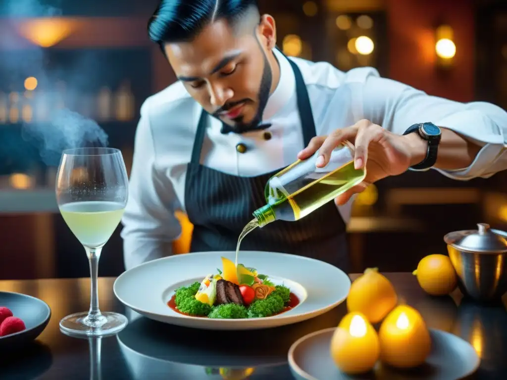 Un sommelier vierte pisco en copa junto a un plato peruano, en elegante escenario de maridaje con pisco y cocina