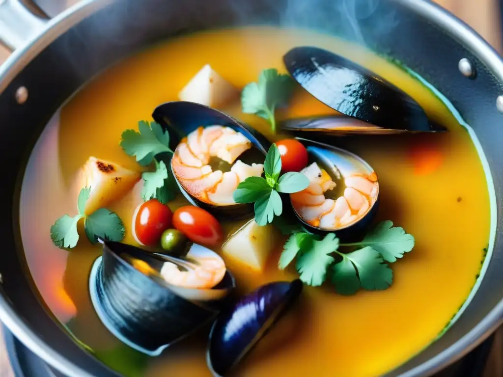 Una sopa de mariscos peruana receta, con ingredientes vibrantes en un caldo aromático y humeante, cocinada con destreza