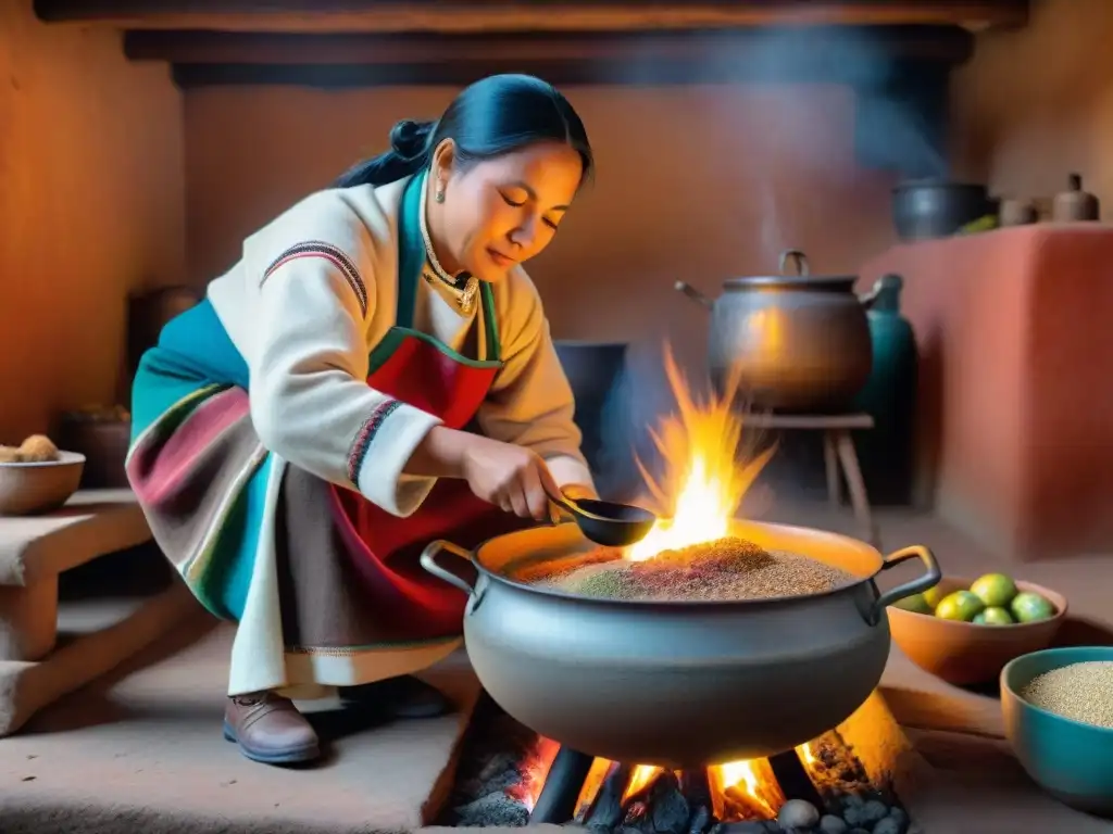 Sopa de quinua andina completa: Cocinera andina revuelve la olla de quinua sobre fuego en cocina tradicional acogedora y auténtica