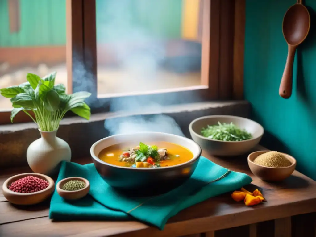 Fotografía de sopas peruanas auténticas en una cocina rústica llena de utensilios tradicionales y colores vibrantes