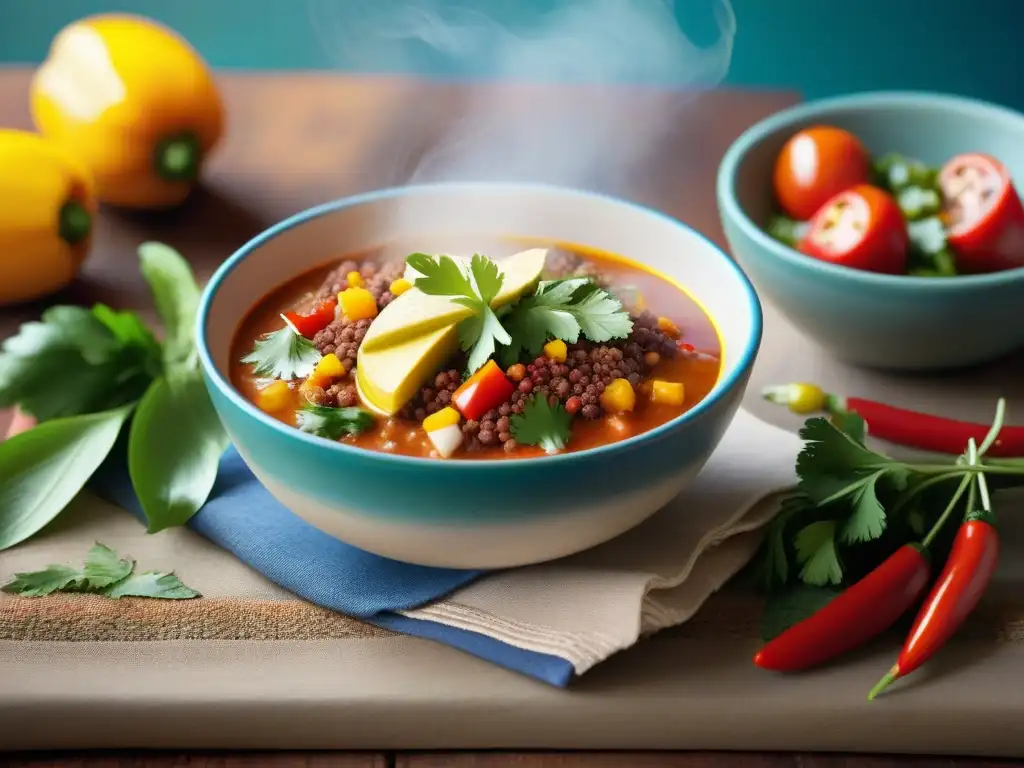 Una fotografía de sopas peruanas auténticas: un cuenco humeante con quinua, carne de alpaca, rocotos y cilantro, en una cocina rústica