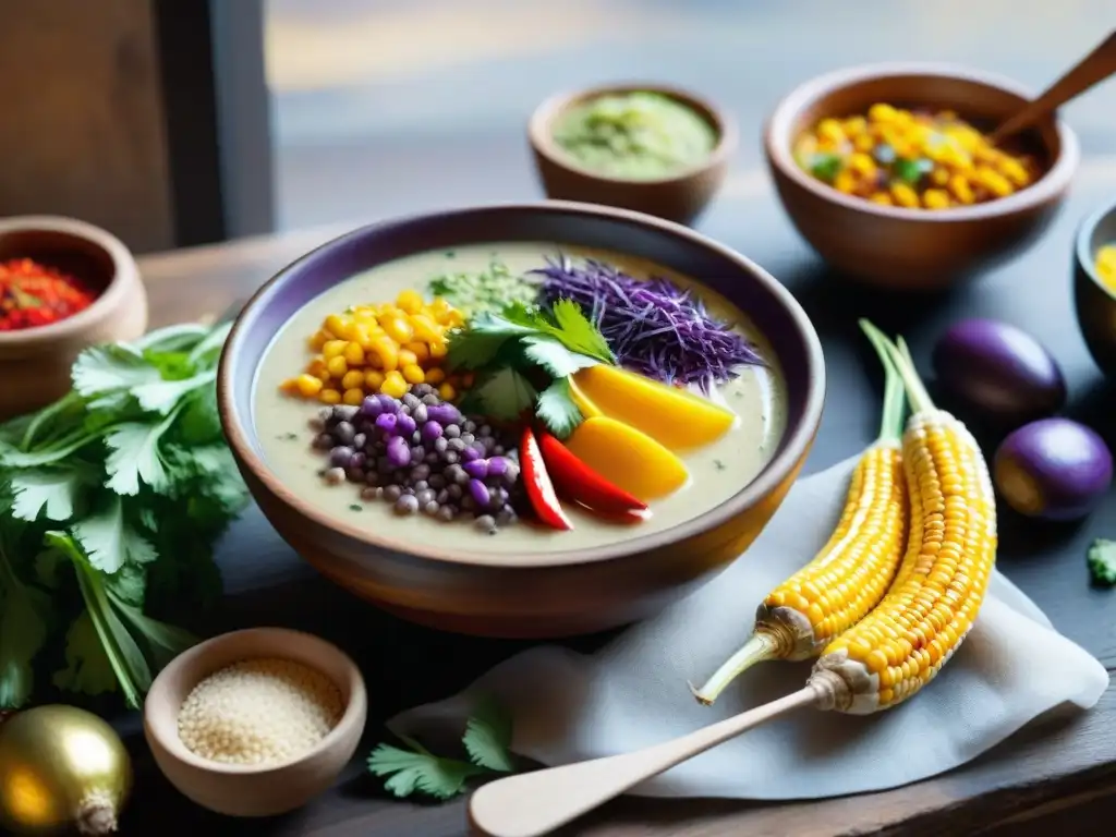 Fotografía de sopas peruanas auténticas: mesa rústica con ingredientes vibrantes y sopa de quinoa humeante