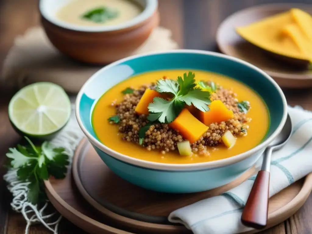 Una fotografía de sopas peruanas auténticas: sopa de quinua con colores y texturas vibrantes, decorada con cilantro y salsa aji amarillo