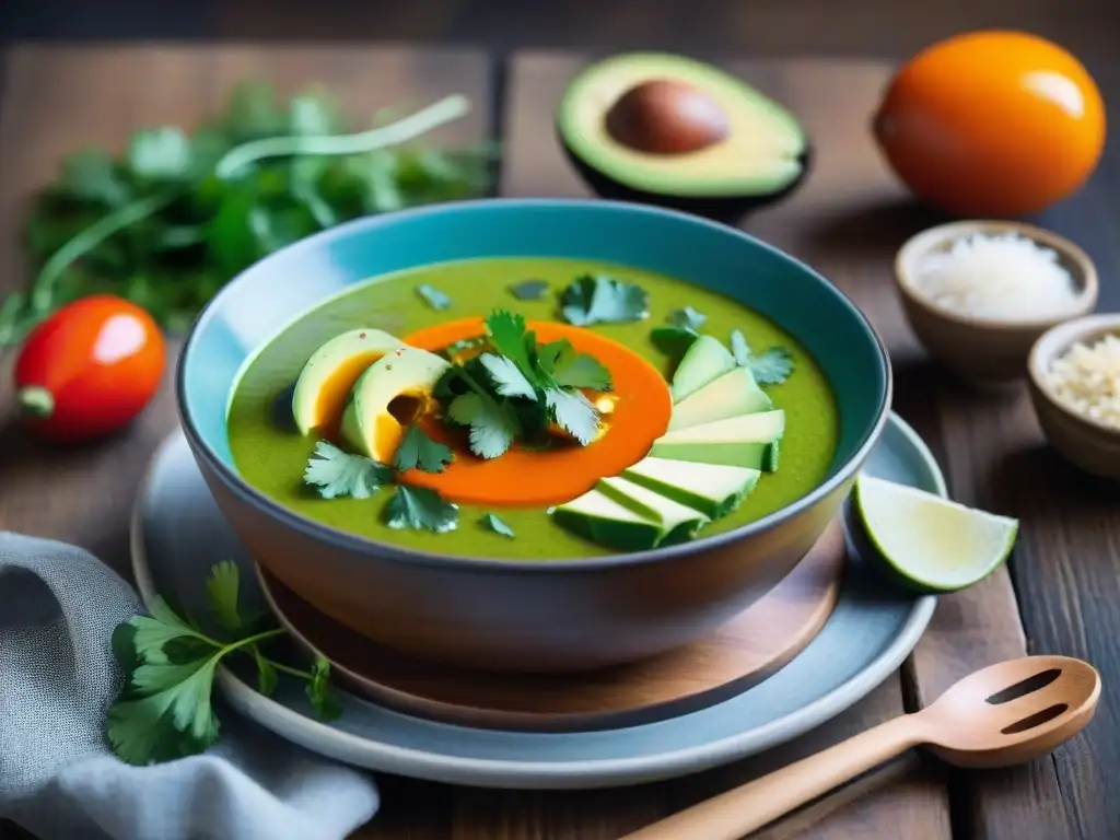 Fotografía de sopas peruanas estilismo: Detalle vibrante de una sopera tradicional con aguacate, cilantro y salsa rocoto