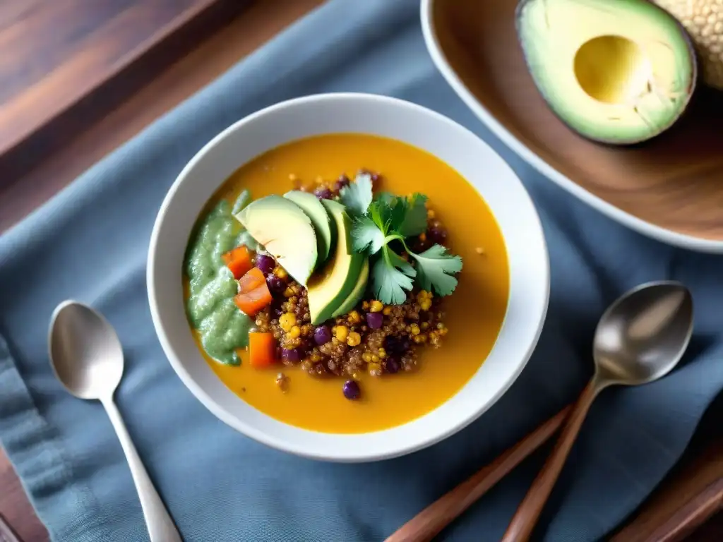 Fotografía de sopas peruanas estilismo: Una sopera llena de sopa de quinua peruana con aguacate, cilantro y aji amarillo