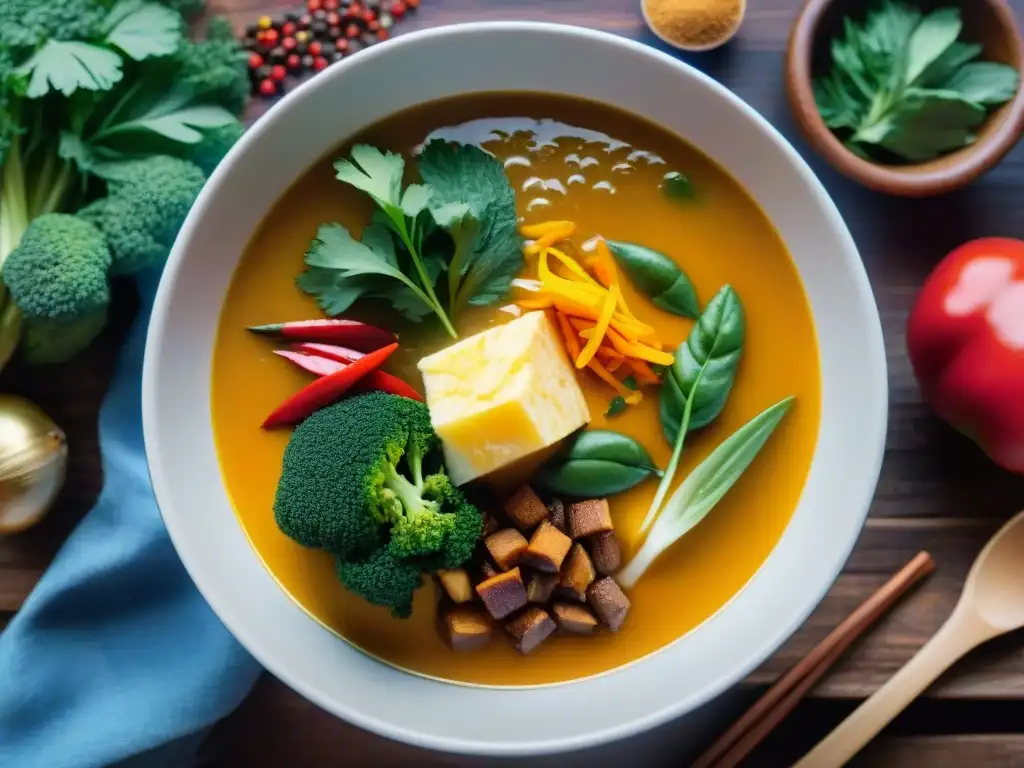 Fotografía de sopas peruanas estilismo: Un vibrante bol de sopa peruana con verduras, hierbas y especias, en una mesa rústica