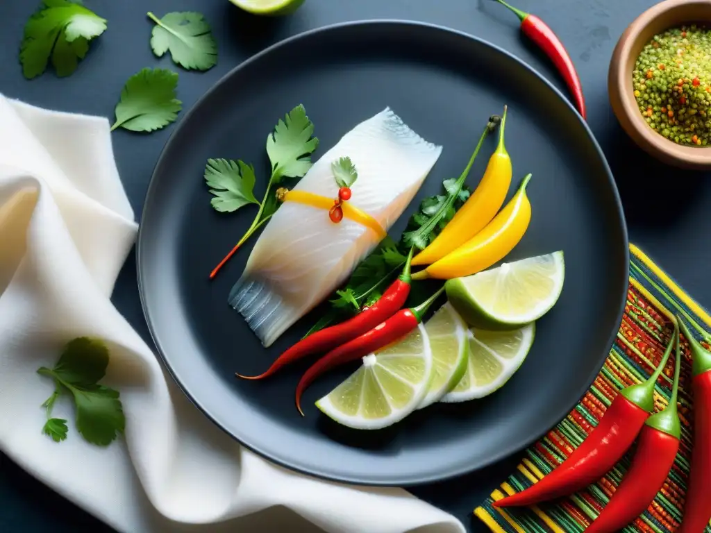 Deléitate con un sorprendente Tiradito peruano sashimi en un plato negro con limón, chiles y cilantro sobre una tela peruana