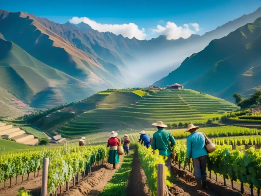 Sostenibilidad en bodegas peruanas: Agricultores peruanos trabajando juntos en viñedos verdes bajo cielo azul, con los Andes de fondo