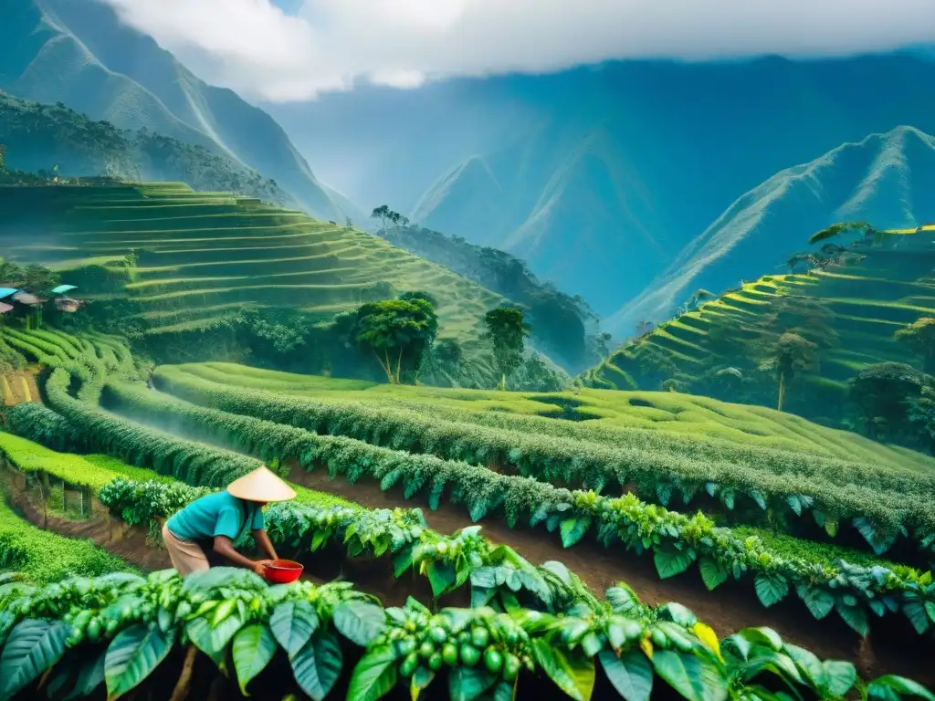 Transformación café Perú sostenible: Caficultores peruanos recolectando granos de café entre montañas andinas