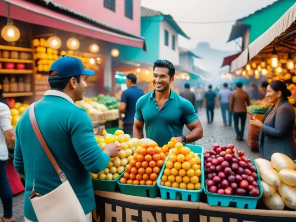 Startups de bebidas en Perú: Mercado vibrante en Lima con emprendedores vendiendo coloridas bebidas locales, fusionando tradición y modernidad