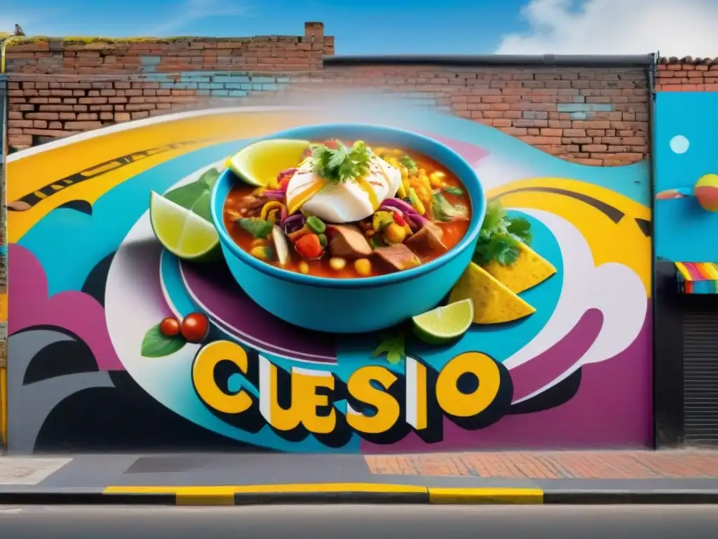 Street art gastronómico en Perú: mural vibrante de platos tradicionales peruanos y grafitis coloridos en una pared de ladrillo