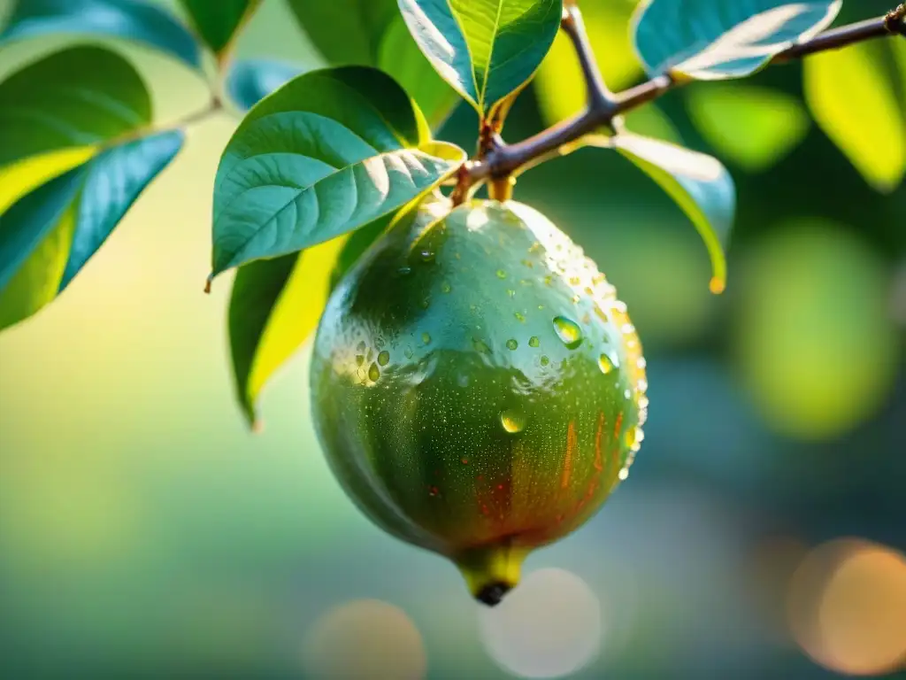 Suave luz del amanecer ilumina una jugosa guayaba con rocío, resaltando su belleza natural