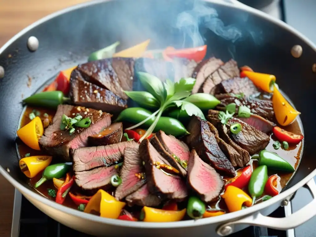 Suave secreto del lomo saltado: Detalle de un sartén con carne jugosa, verduras y especias, evocando una experiencia culinaria de lujo