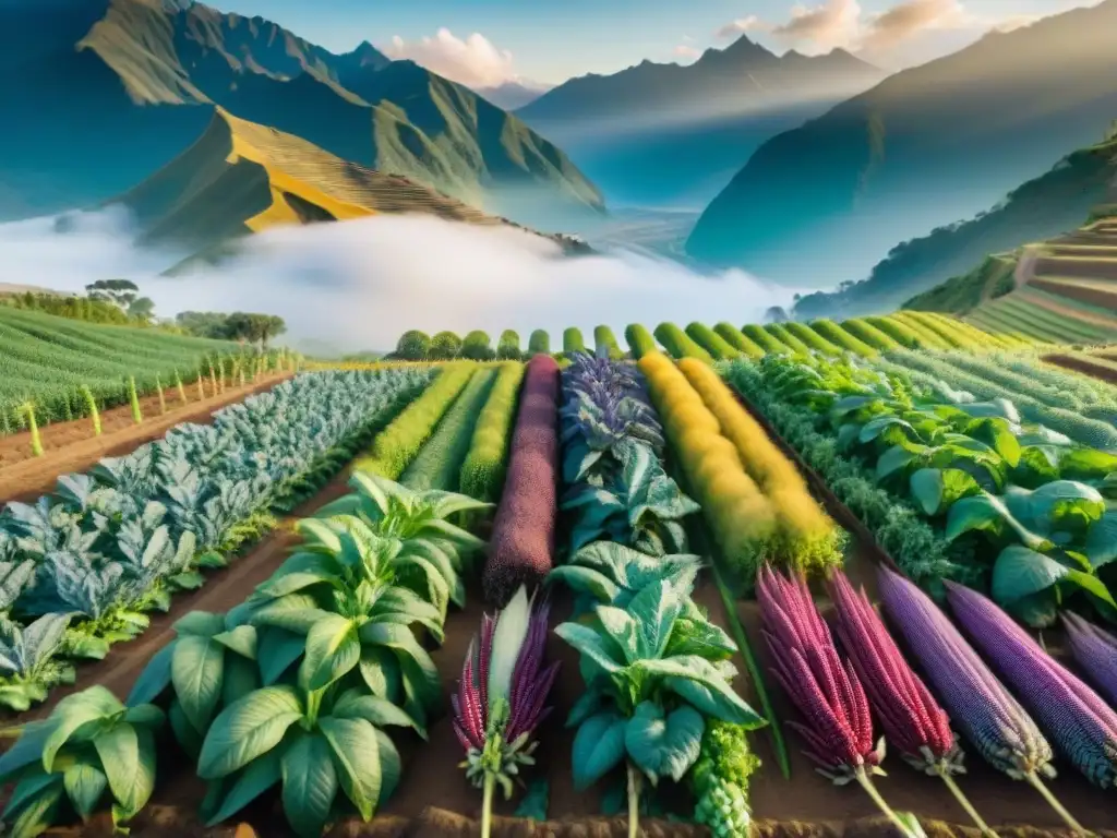 Plantación de superalimentos peruanos en la mañana, con vista a los Andes