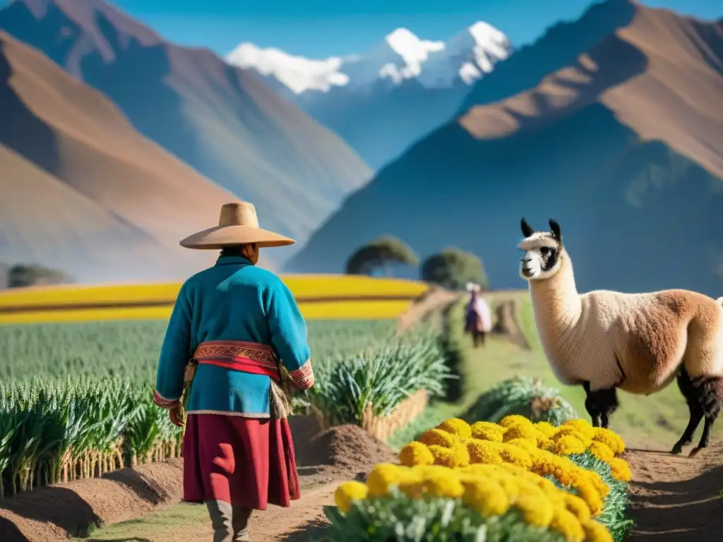 Supergranos andinos en alimentación ancestral: Paisaje andino con campos de quinua, montañas nevadas, agricultores cosechando y llama pastando