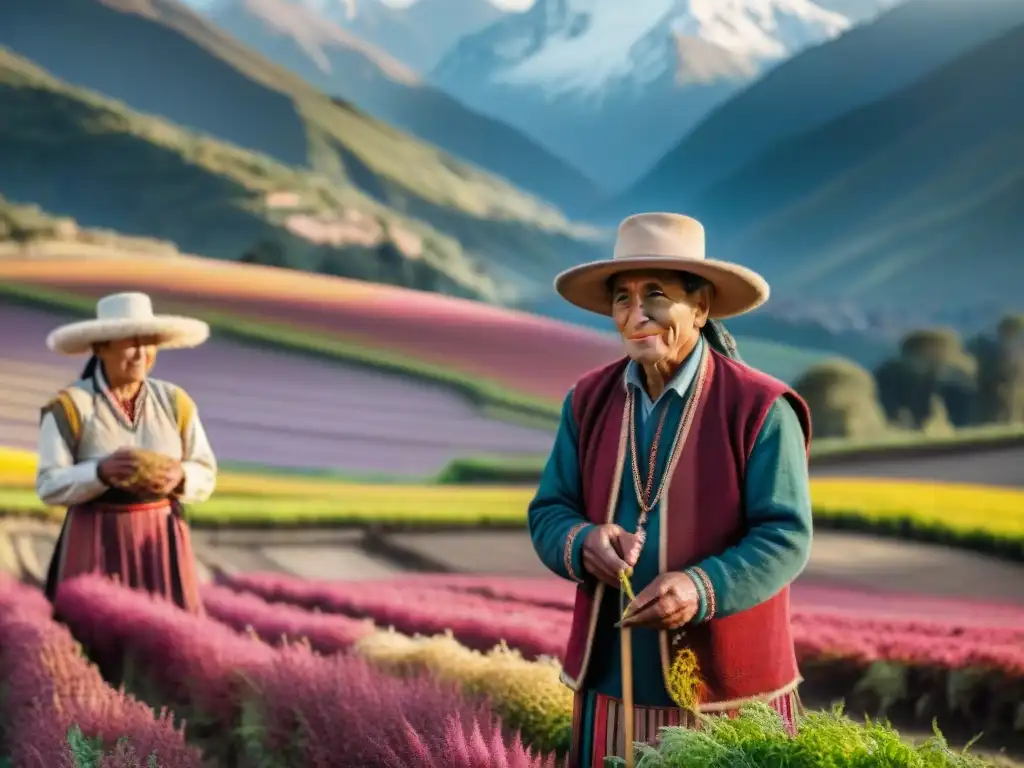 Supergranos andinos cultivo tradicional: Agricultores andinos sembrando quinoa y amaranto en terrazas ancestrales, bajo el sol dorado de los Andes