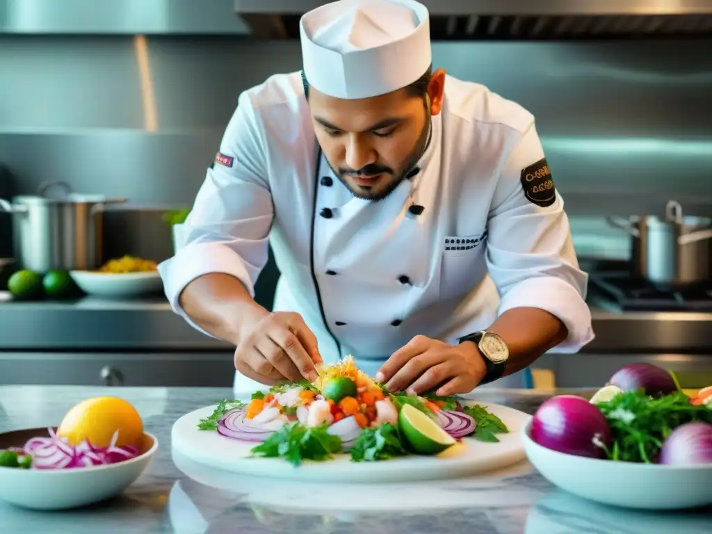 Un talentoso chef peruano preparando ceviche en una cocina moderna