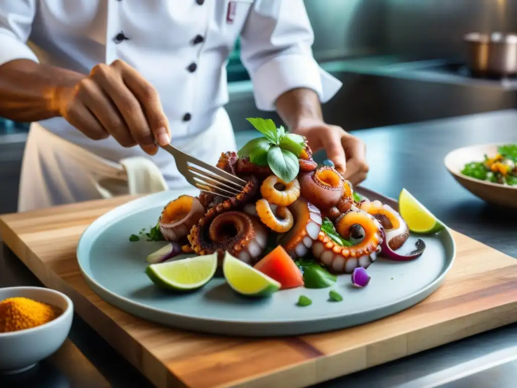 Un talentoso chef peruano prepara con destreza un ceviche de pulpo en una cocina moderna y profesional