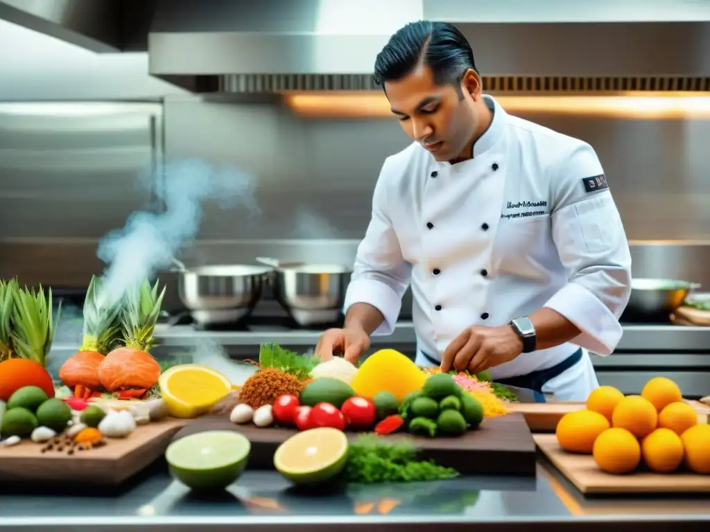 Un talentoso chef peruano preparando fusiones marinas en cocina contemporánea, mostrando precisión y creatividad culinaria