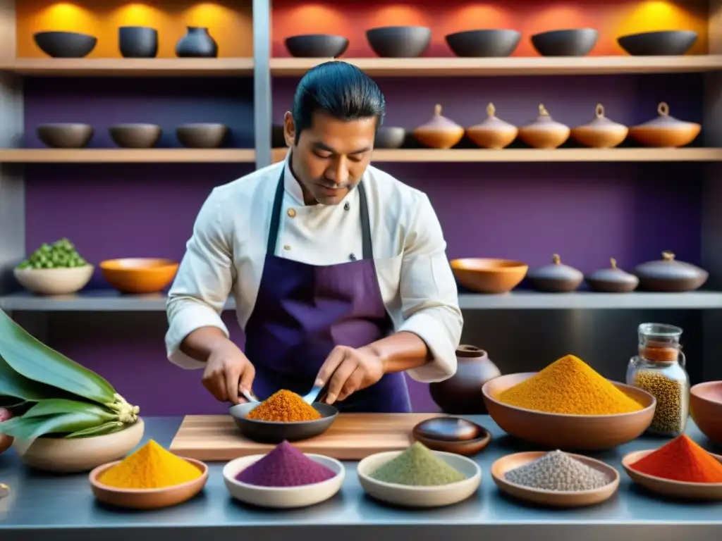 Un talentoso chef peruano prepara plato tradicional con ingredientes autóctonos en una cocina moderna