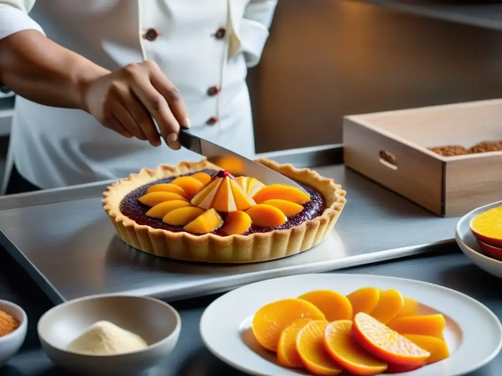 Un talentoso chef peruano crea con precisión una exquisita tarta de mamey