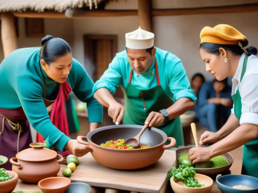 Un taller de cocina ancestral peruana con participantes diversos aprendiendo técnicas culinarias auténticas de un chef indígena