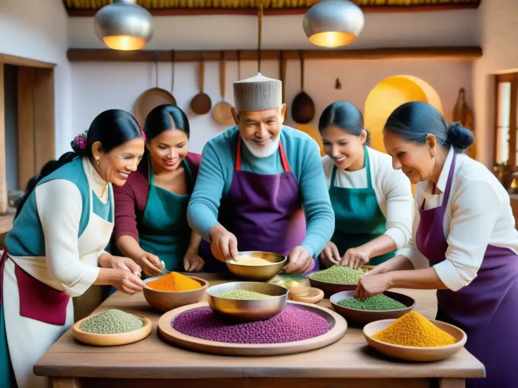 Un taller de cocina ancestral peruana con un chef demostrando recetas a un grupo diverso en una cocina rústica