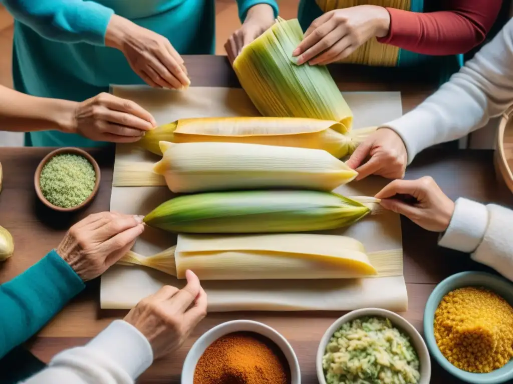 Un taller de tamales peruanos: diversidad y sabor en una cocina acogedora con ingredientes coloridos y personas aprendiendo juntas