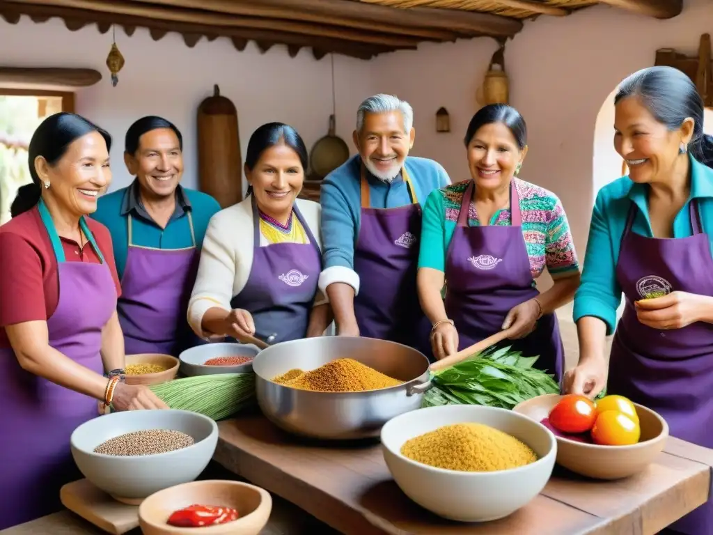 Talleres de cocina ancestral en una cocina tradicional peruana: un chef anciano lidera una clase llena de vida y colores vibrantes